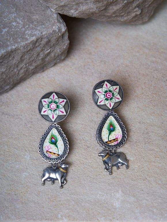 Silver Plated White Handcrafted Brass Peacock Earrings