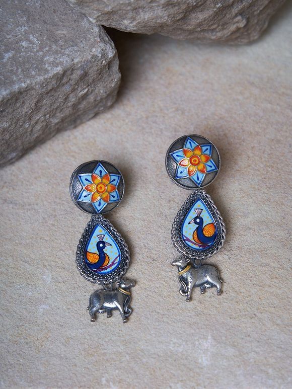 Silver Plated Blue Handcrafted Brass Peacock Earrings