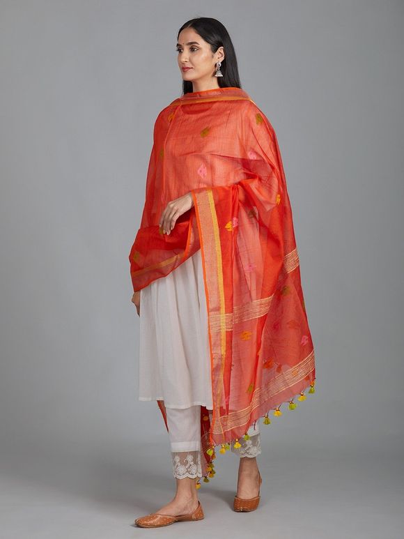 Orange Handwoven Cotton Jamdani Dupatta