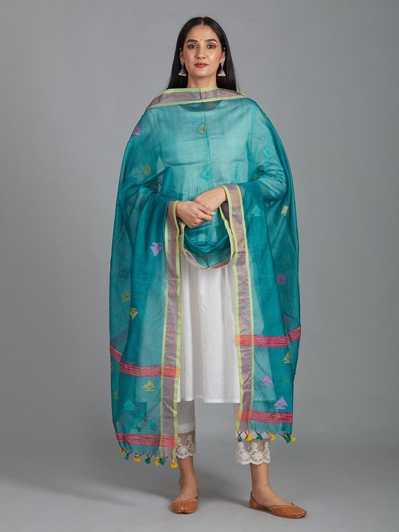 Turquoise Handwoven Cotton Jamdani Dupatta