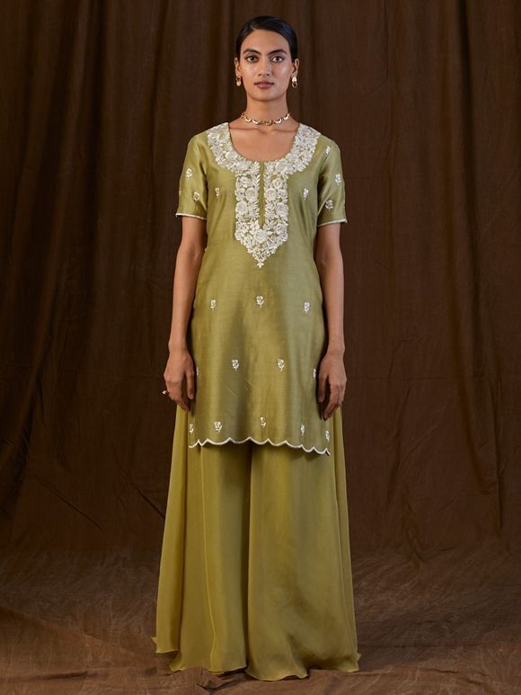 Olive Green Thread Embroidered Chanderi Silk Kurta with Organza Sharara and Scalloped Dupatta- Set of 3