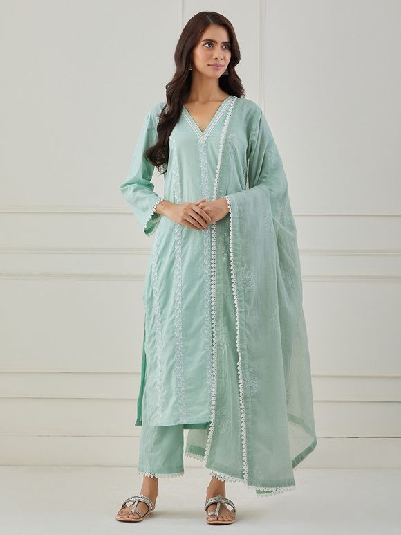 Green Embroidered Cotton Suit with Kota Dupatta - Set of 3