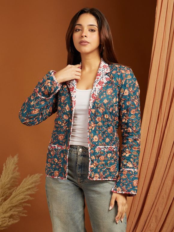 Blue Hand Block Printed Cambric Cotton Quilted Jacket