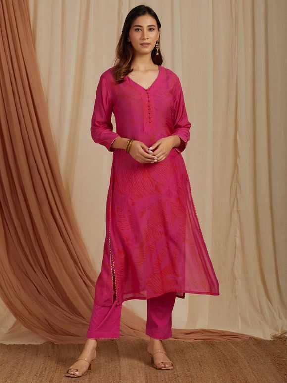 Pink Tie and Dye Cotton Kurta with Pants- Set of 2