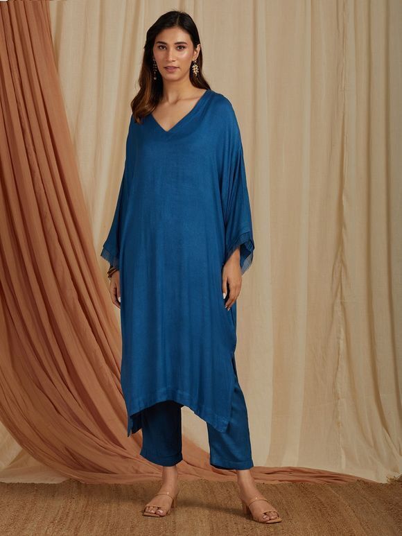 Blue Cotton Kaftan with Pants- Set of 2