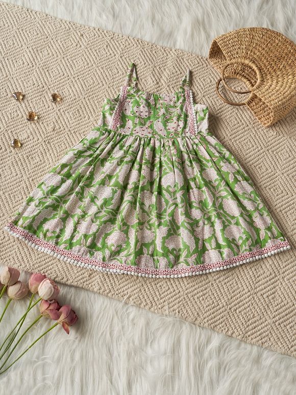 Green White Hand Block Printed Cotton Dress