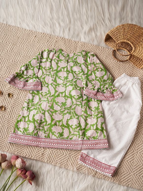 Green Hand Block Printed Cotton Pleated Kurta with White Salwar - Set of 2
