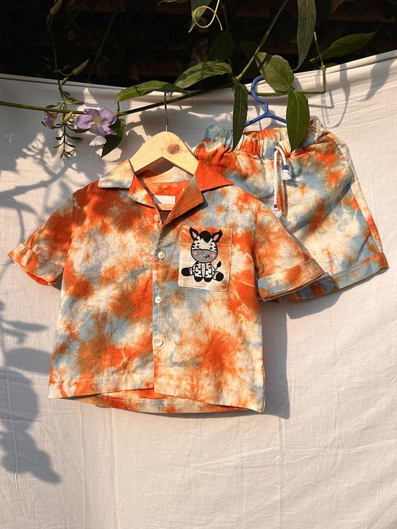 Orange Blue Tie and Dye Cotton Linen Shirt with Shorts - Set of 2