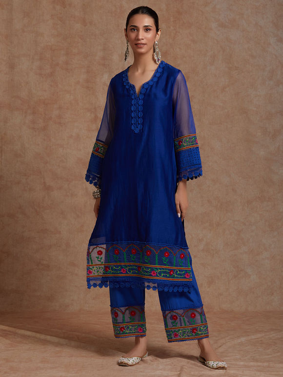 Blue Lace Embroidered Chanderi Kurta with Pants- Set of 2
