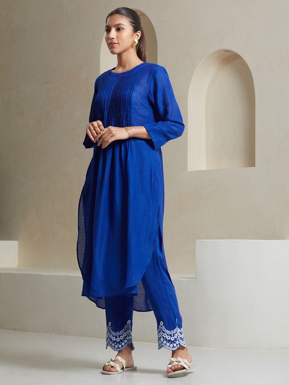 Blue Pleated Linen Kurta with Cotton Pants- Set of 2