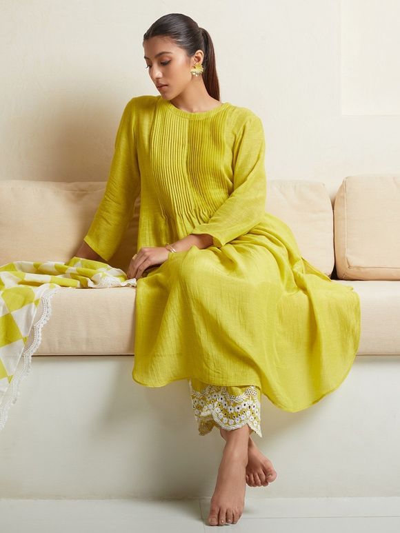 Yellow Pleated Linen Kurta with Cotton Pants- Set of 2