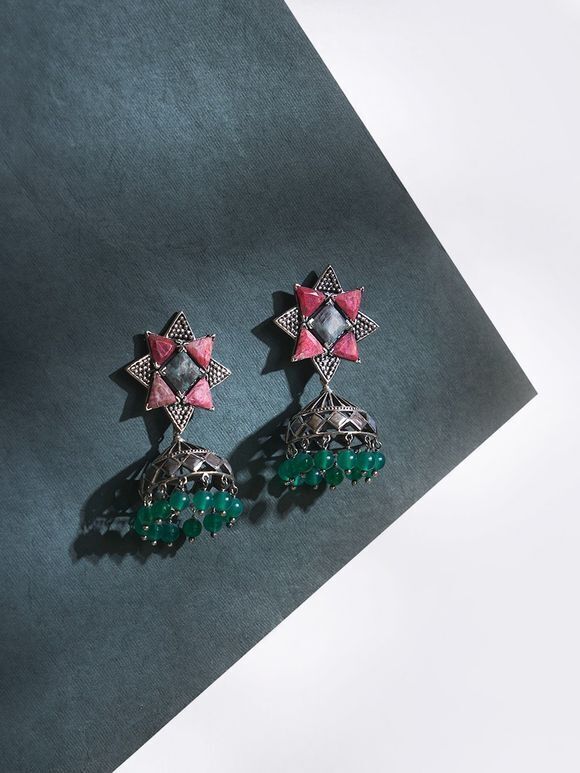 Red Green Handcrafted Silver Earrings