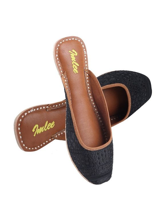 Black Thread Embroidered Leather Silk Mules