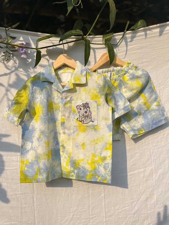 Yellow Purple Tie and Dye Cotton Linen Shirt with Shorts - Set of 2