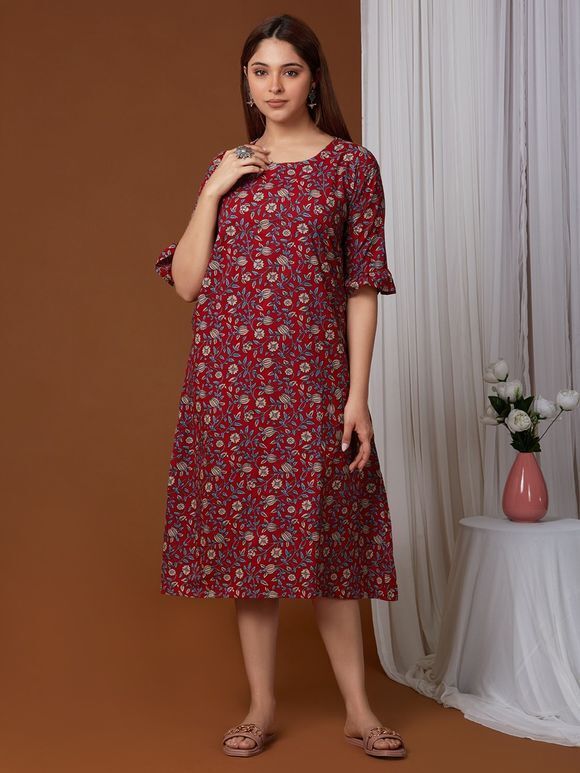 Maroon Blue Printed Cotton A-Line Dress