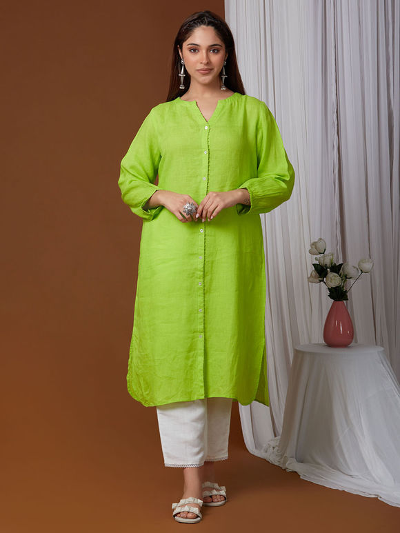 Buy Lime Green Linen Pintuck Kurta | LCWESS22LKFLIM0094/LCB1 | The loom