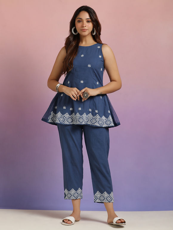 Blue Embroidered Cotton Co-ord Set- Set of 2