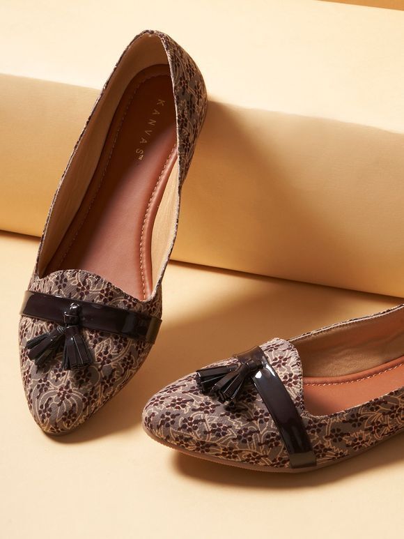 Brown Hand Block Printed Faux Leather Cotton Loafers