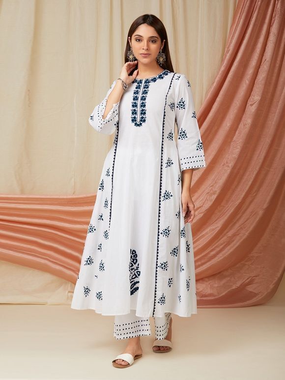 White Blue Hand Block Printed Cotton Embroidered Kurta with Pants- Set of 2