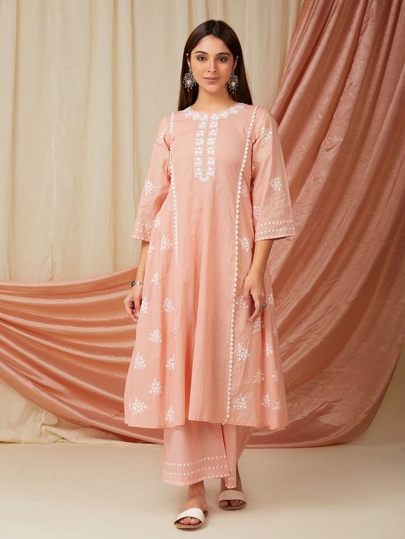 Peach Hand Block Printed Cotton Embroidered Kurta with Pants- Set of 2