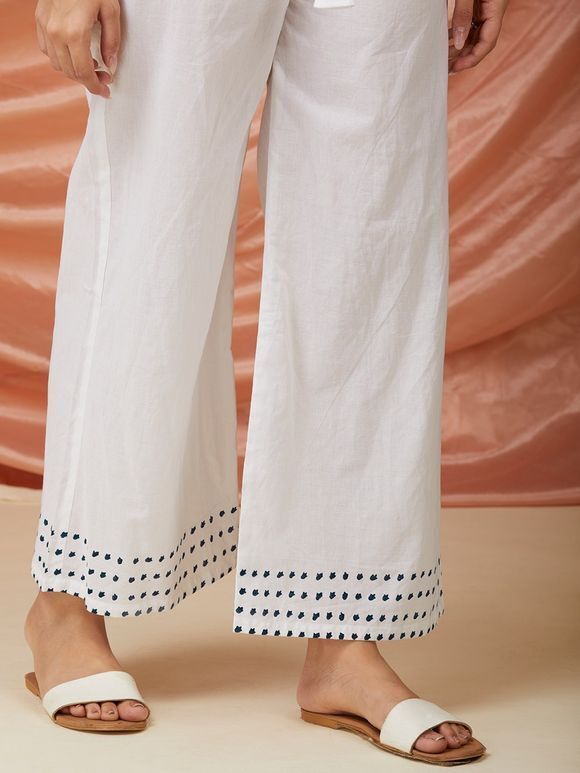 White Blue Hand Block Printed Cotton Pants