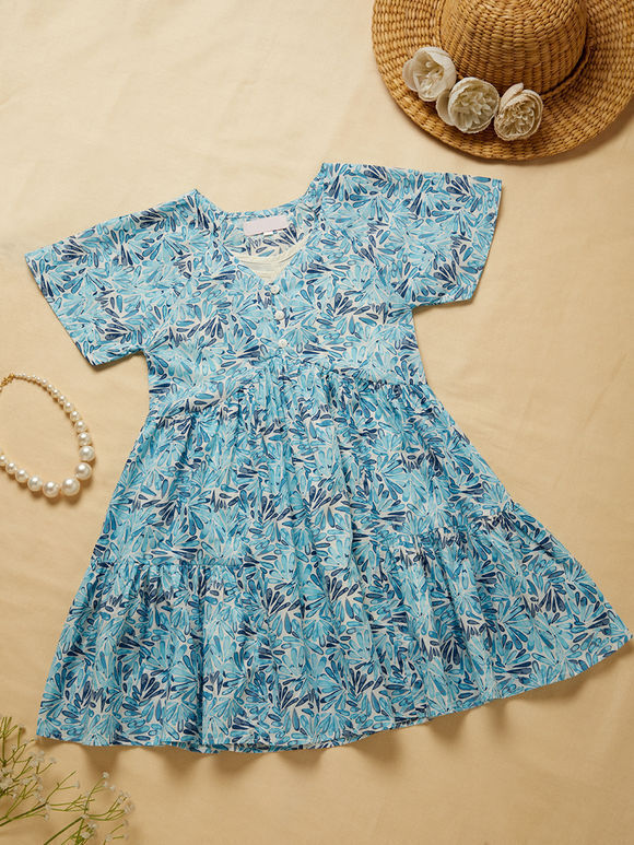 Blue Printed Cotton Dress with Slip