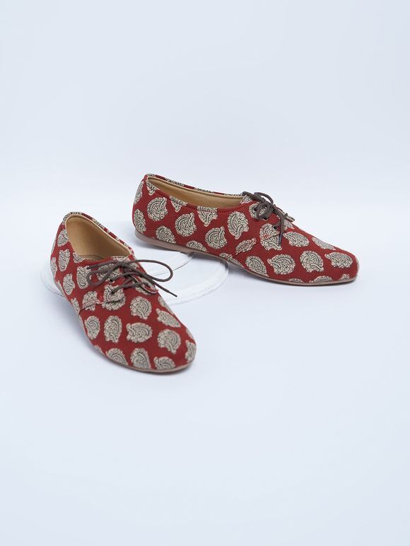 Brown Cream Hand Block Printed Cotton Shoes