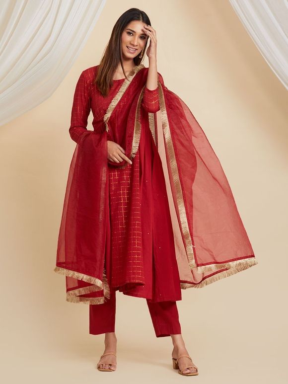 Red Zari Embroidered Cotton Lurex Suit with Gota Organza Dupatta - Set of 3