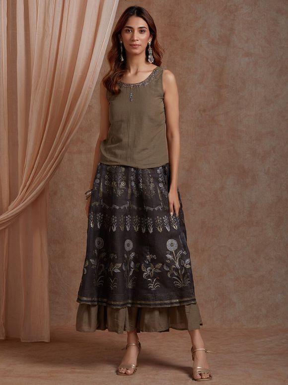 Brown Hand Embroidered Linen Top with Hand Block Printed Skirt - Set of 2