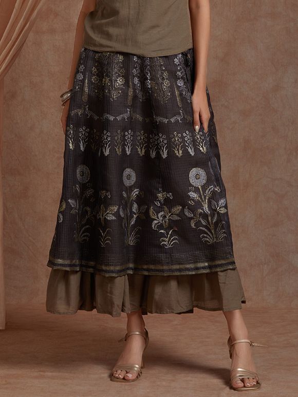 Brown Hand Block Printed Kota Doria Layered Skirt