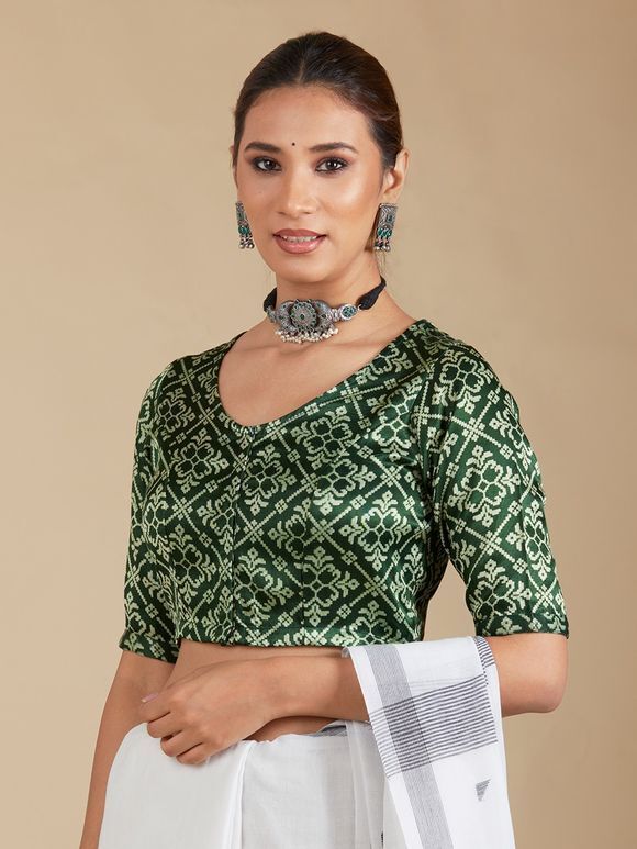 Green Printed Mashru Silk Blouse