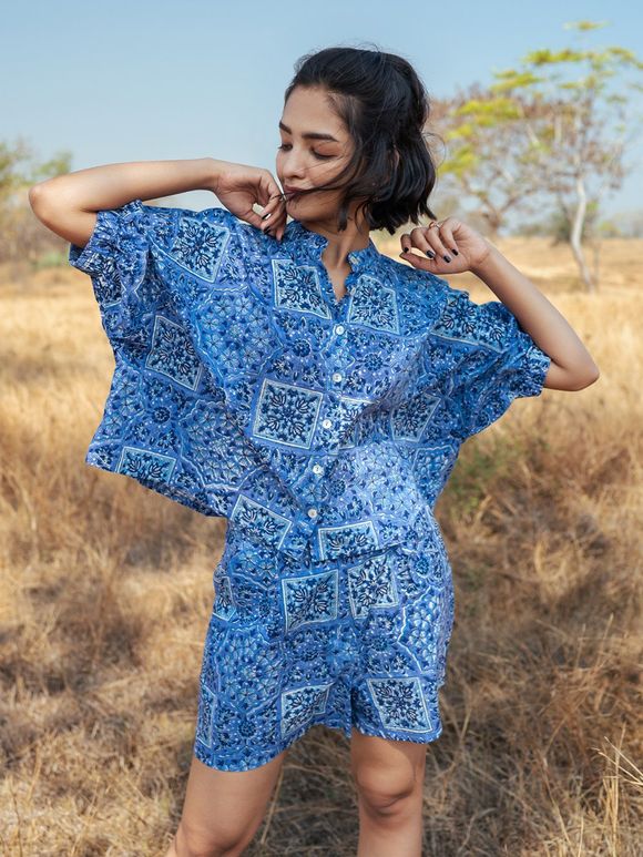 Blue Hand Block Printed Cotton Co-ord Set - Set of 2