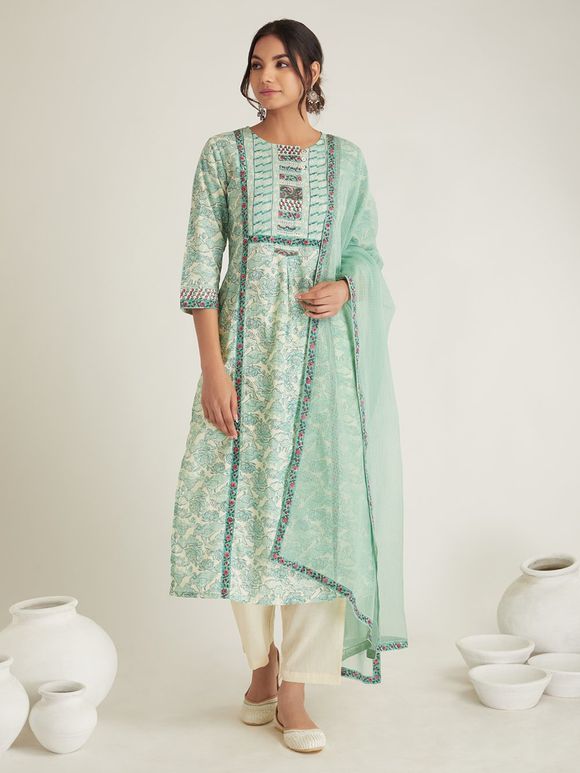 Green Hand Block Printed Cambric Cotton Suit - Set of 3