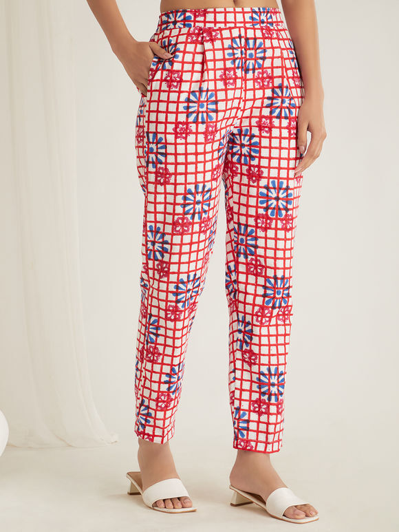Red White Hand Block Printed Cambric Cotton Pants