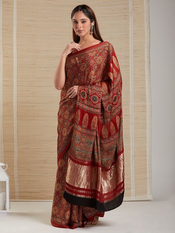 Red Ajrakh Printed Modal Silk Lagdi Patta Saree