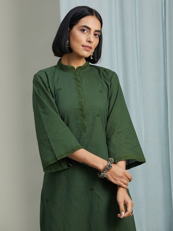 Olive Green Embroidered Cotton Kurta with Salwar- Set of 2