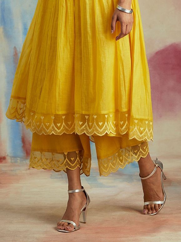 Yellow Embroidered  Cotton Pants