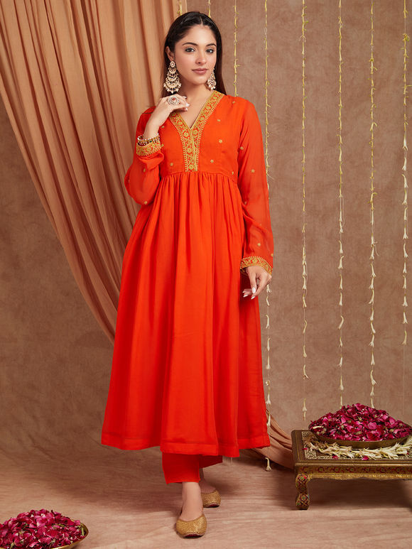 Buy Yellow Crepe Pant Set With Gota Work Kaftan Kurta