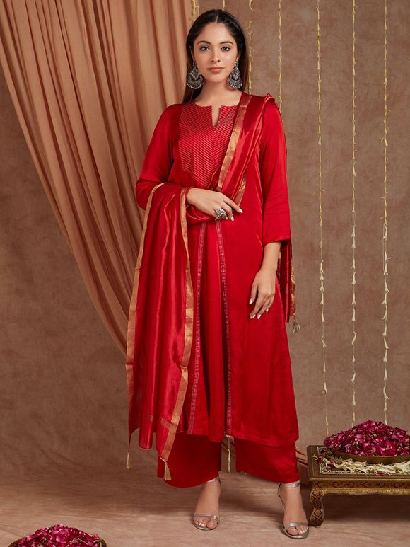 Red Zari Silk Suit- Set of 3