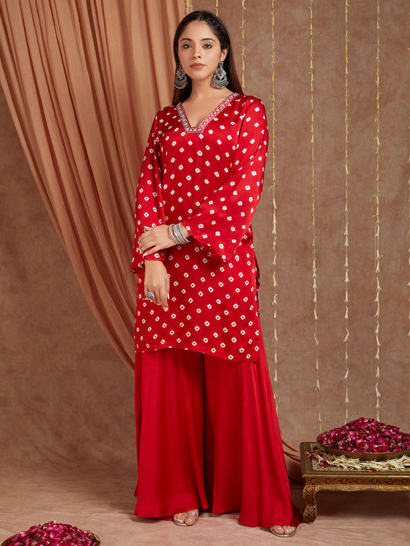Pink Silk Embroidered Bandhani Suit Set With Organza Dupatta – Geroo Jaipur