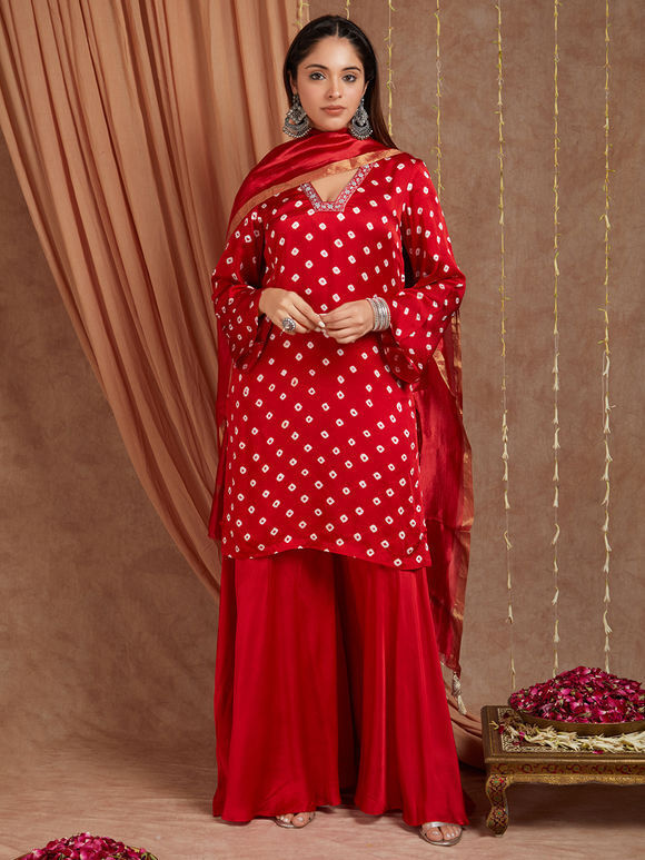 Red Bandhani Silk Suit- Set of 3