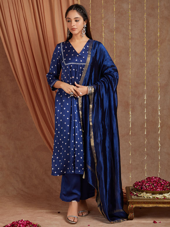 Navy Blue Bandhani Silk Suit- Set of 3