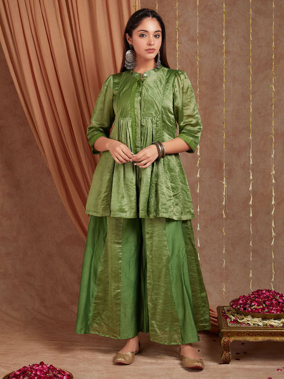 Green Chanderi Silk Sharara Suit- Set of 3