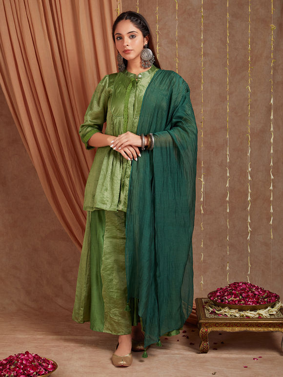 Green Chanderi Silk Sharara Suit- Set of 3