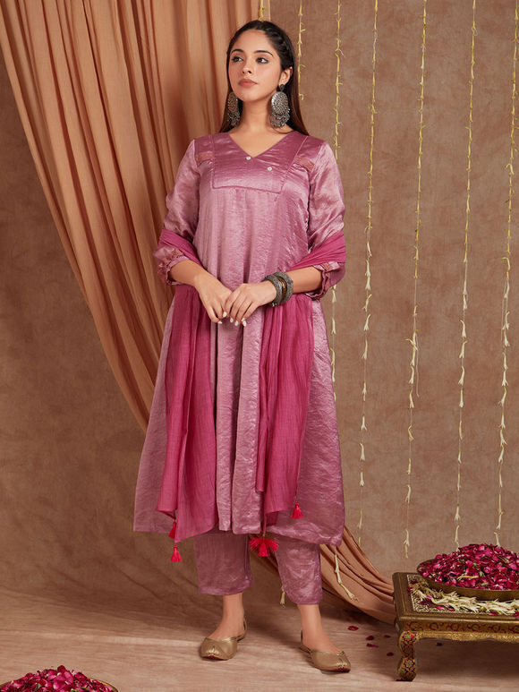 Pink Chanderi Silk Shimmer Suit- Set of 3