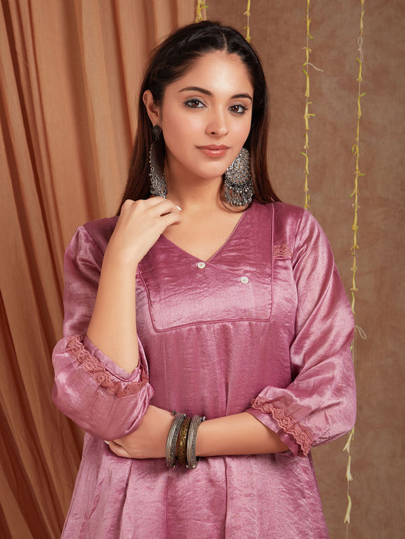 Pink Chanderi Silk Shimmer Anarkali Kurta with Pant- Set of 2