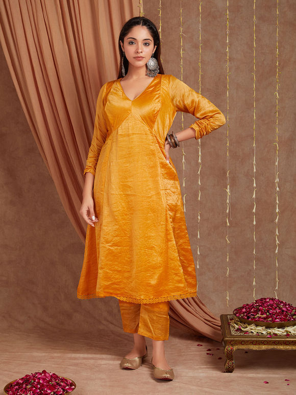 Yellow Chanderi Silk Shimmer Kurta with Pant- Set of 2
