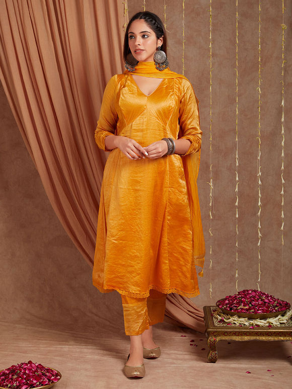 Yellow Chanderi Silk Shimmer Suit- Set of 3