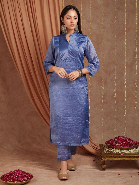 Blue Chanderi Silk Shimmer Suit- Set of 3
