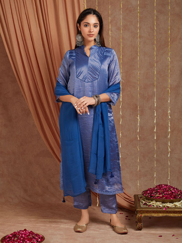 Blue Chanderi Silk Shimmer Suit- Set of 3